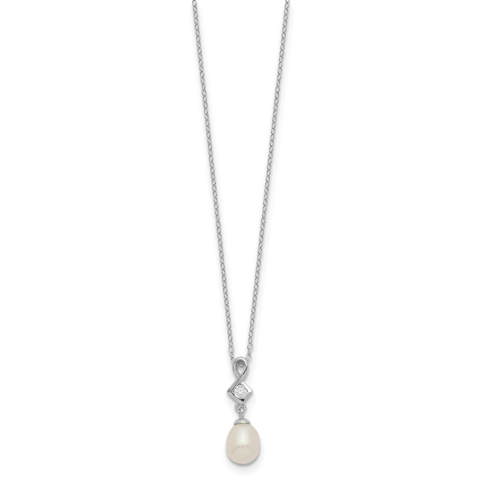 PSSN Sterling Silver Rhodium-plated 6-7mm White Teardrop Freshwater Cultured Pearl and CZ 17 inch Necklace