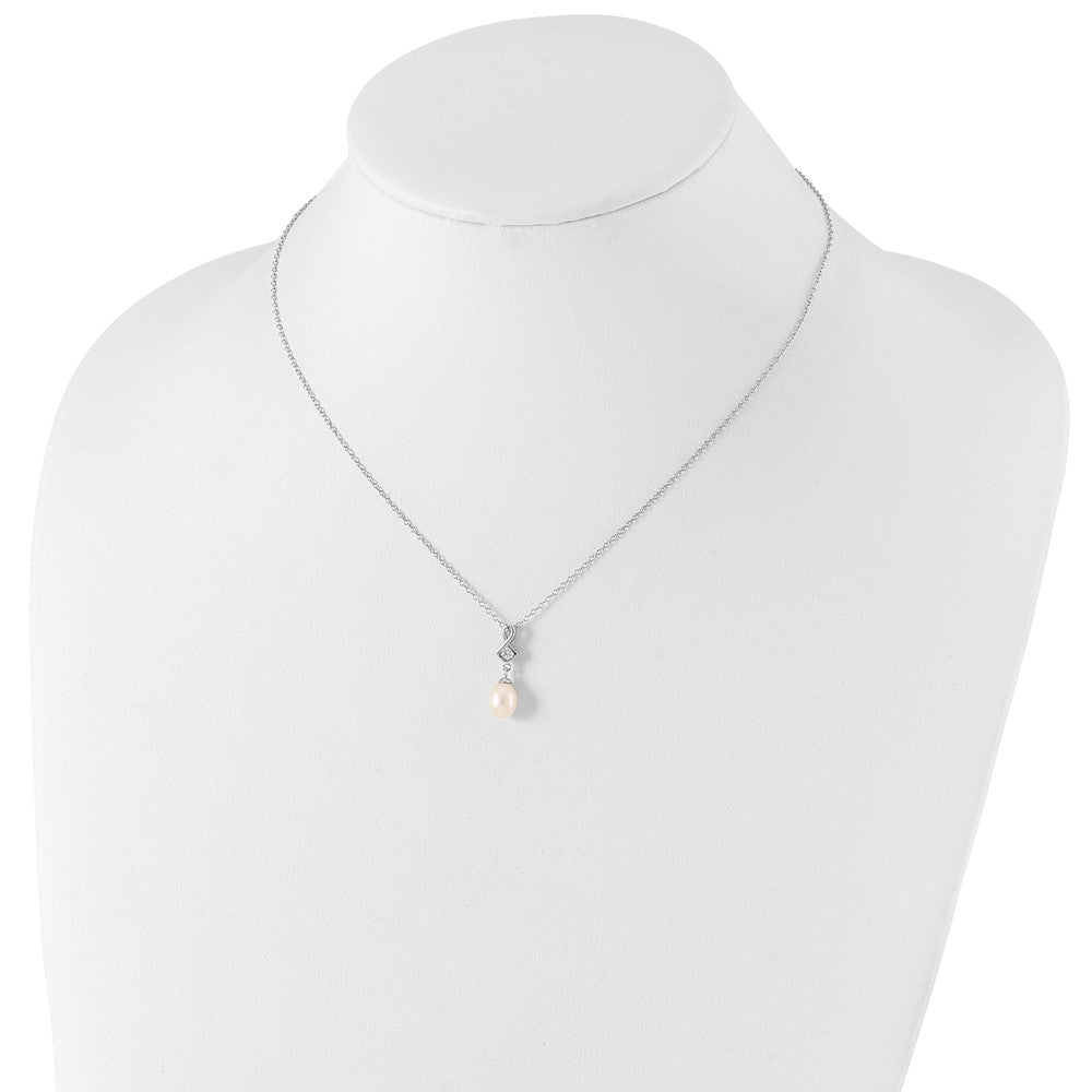 PSSN Sterling Silver Rhodium-plated 6-7mm White Teardrop Freshwater Cultured Pearl and CZ 17 inch Necklace
