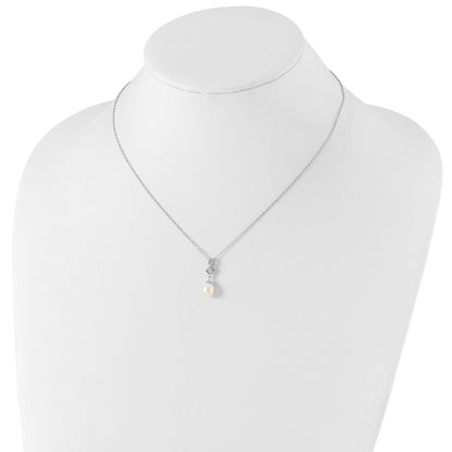 PSSN Sterling Silver Rhodium-plated 6-7mm White Teardrop Freshwater Cultured Pearl and CZ 17 inch Necklace