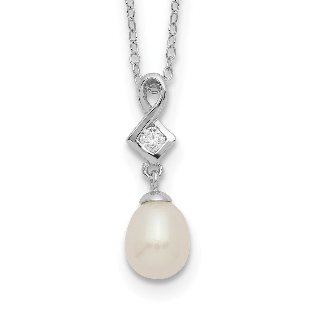 PSSN Sterling Silver Rhodium-plated 6-7mm White Teardrop Freshwater Cultured Pearl and CZ 17 inch Necklace