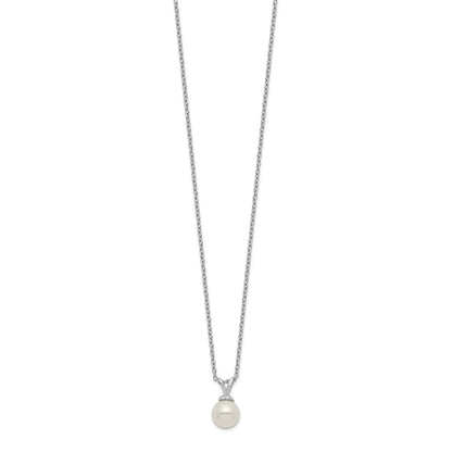 PSSN Sterling Silver Rhodium-plated 7-7.5mm White Round Freshwater Cultured Pearl 17 inch Necklace
