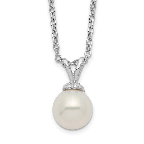 PSSN Sterling Silver Rhodium-plated 7-7.5mm White Round Freshwater Cultured Pearl 17 inch Necklace
