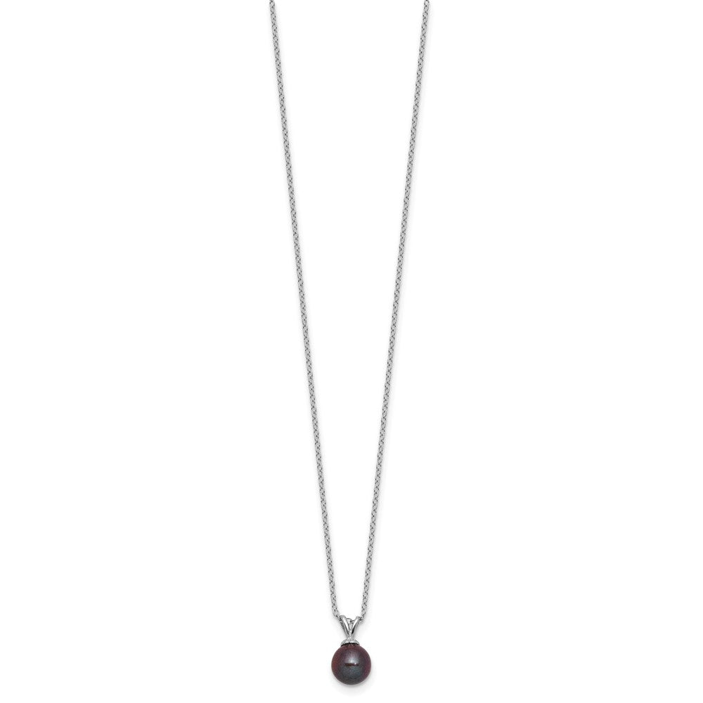 PSSN Sterling Silver Rhodium-plated 7-7.5mm Round Black Freshwater Cultured Pearl 17 inch Necklace
