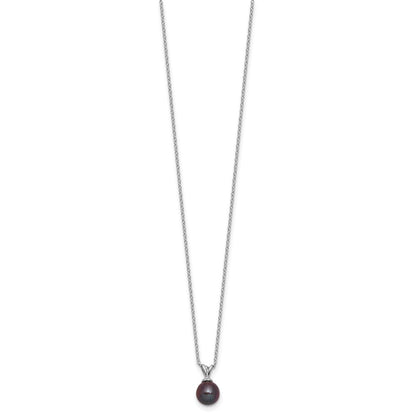 PSSN Sterling Silver Rhodium-plated 7-7.5mm Round Black Freshwater Cultured Pearl 17 inch Necklace