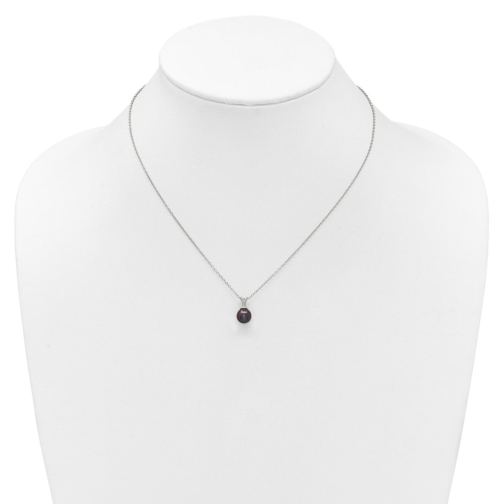 PSSN Sterling Silver Rhodium-plated 7-7.5mm Round Black Freshwater Cultured Pearl 17 inch Necklace