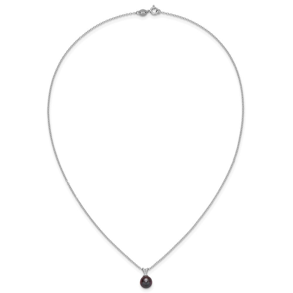 PSSN Sterling Silver Rhodium-plated 7-7.5mm Round Black Freshwater Cultured Pearl 17 inch Necklace