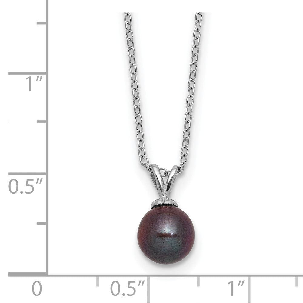 PSSN Sterling Silver Rhodium-plated 7-7.5mm Round Black Freshwater Cultured Pearl 17 inch Necklace