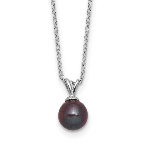 PSSN Sterling Silver Rhodium-plated 7-7.5mm Round Black Freshwater Cultured Pearl 17 inch Necklace