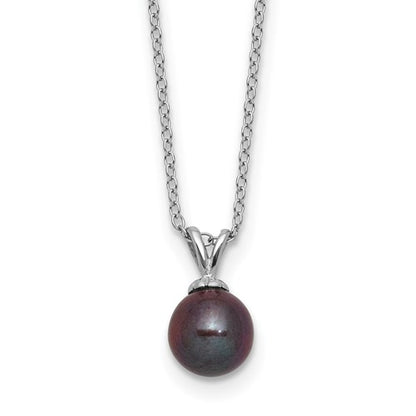 PSSN Sterling Silver Rhodium-plated 7-7.5mm Round Black Freshwater Cultured Pearl 17 inch Necklace