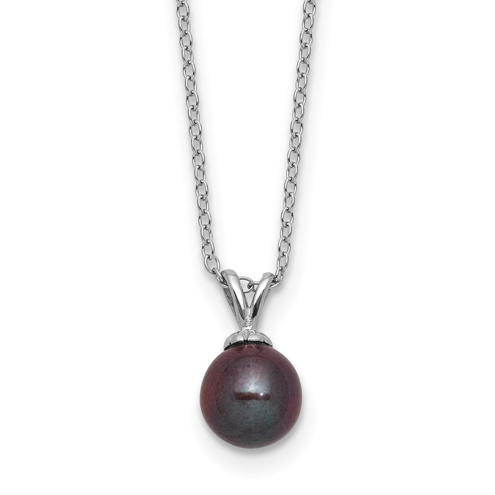 PSSN Sterling Silver Rhodium-plated 7-7.5mm Round Black Freshwater Cultured Pearl 17 inch Necklace