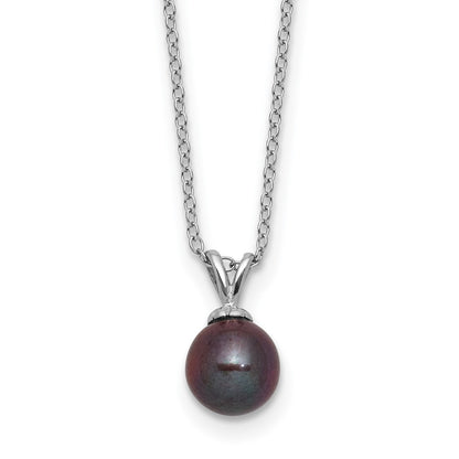 PSSN Sterling Silver Rhodium-plated 7-7.5mm Round Black Freshwater Cultured Pearl 17 inch Necklace