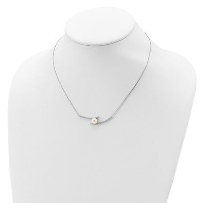 PSSN Sterling Silver Rhodium-plated 7-8mm White Button Freshwater Cultured Pearl and CZ 17 inch Necklace