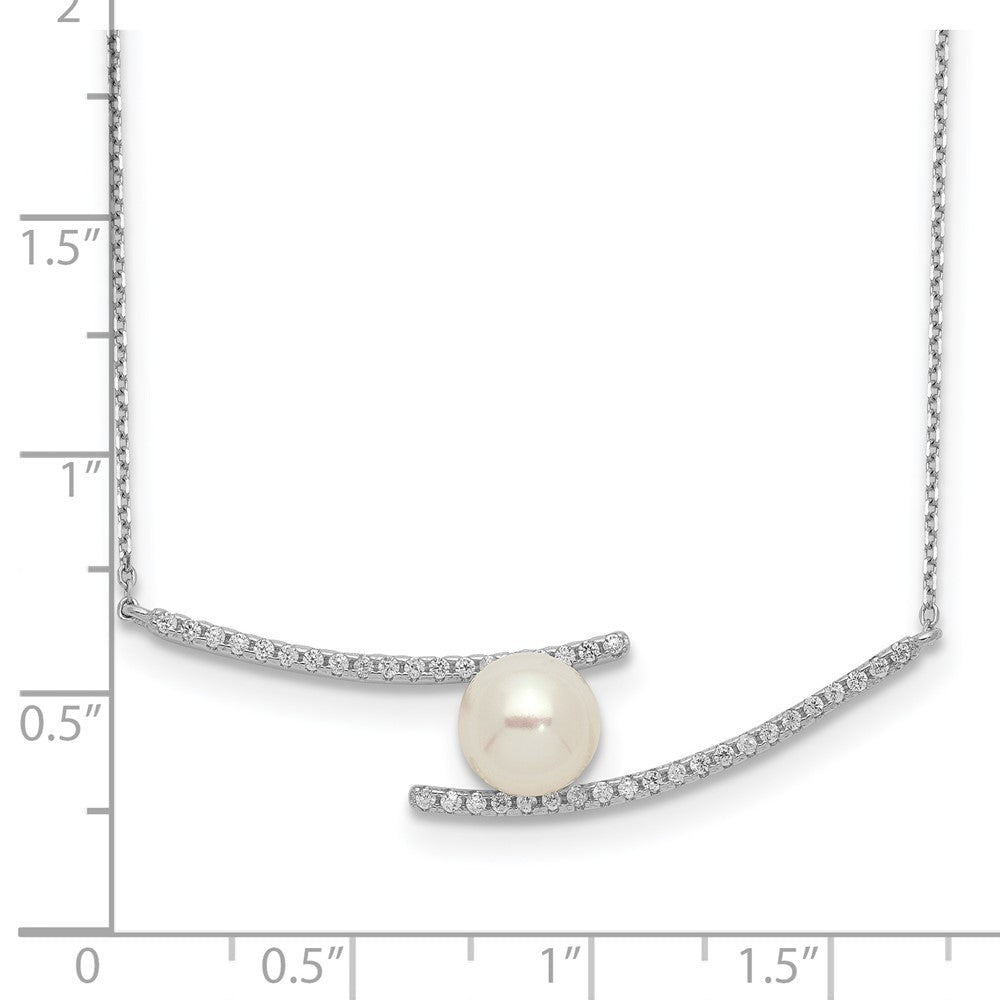 PSSN Sterling Silver Rhodium-plated 7-8mm White Button Freshwater Cultured Pearl and CZ 17 inch Necklace