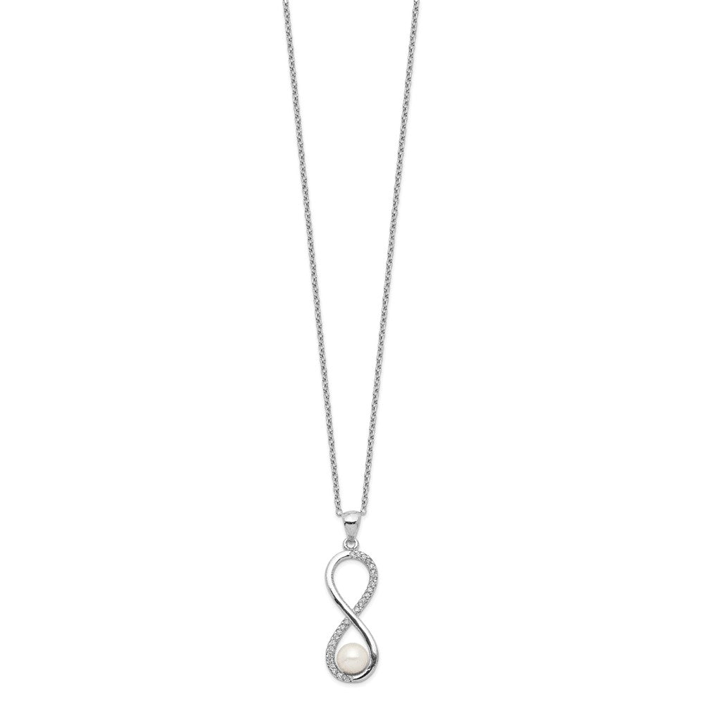 PSSN Sterling Silver Rhodium-plated 5-6mm White Round Freshwater Cultured Pearl and CZ Infinity 17 inch Necklace