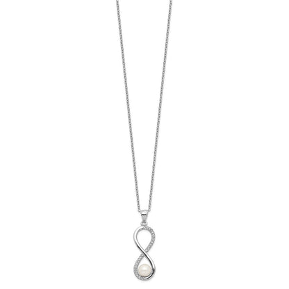 PSSN Sterling Silver Rhodium-plated 5-6mm White Round Freshwater Cultured Pearl and CZ Infinity 17 inch Necklace