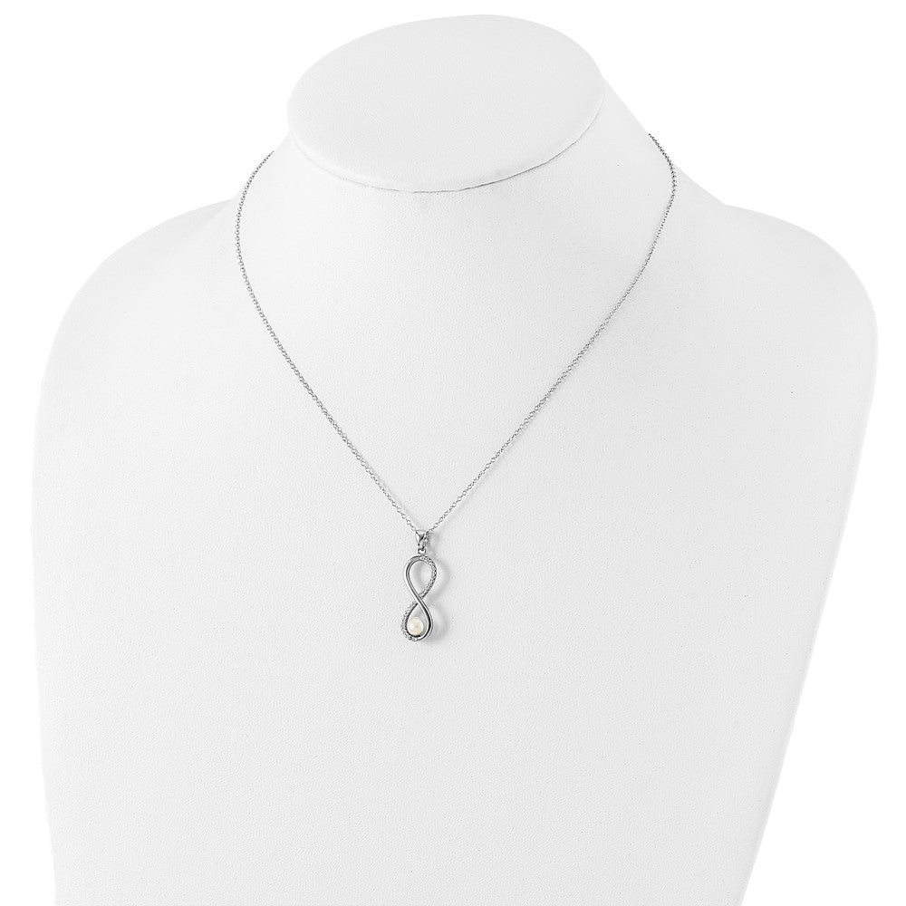 PSSN Sterling Silver Rhodium-plated 5-6mm White Round Freshwater Cultured Pearl and CZ Infinity 17 inch Necklace