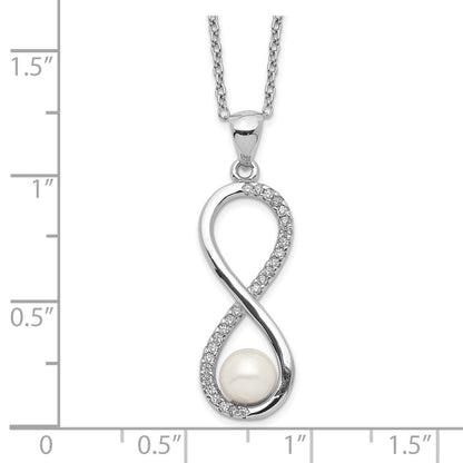 PSSN Sterling Silver Rhodium-plated 5-6mm White Round Freshwater Cultured Pearl and CZ Infinity 17 inch Necklace