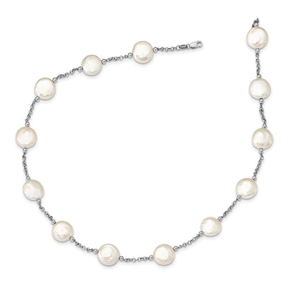 PSSN Sterling Silver Rhodium-plated 12-13mm White Coin Freshwater Cultured Pearl 13-station 18 inch Necklace