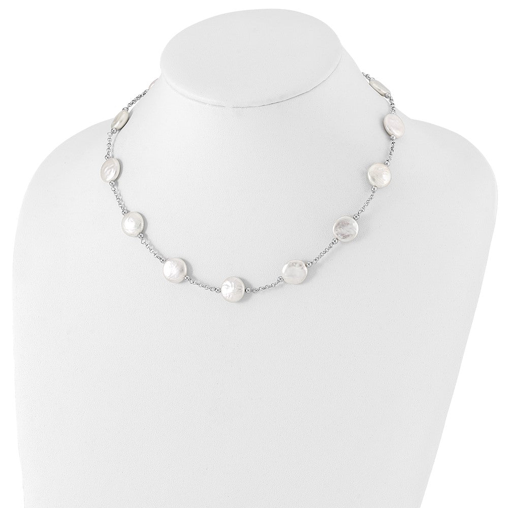 PSSN Sterling Silver Rhodium-plated 12-13mm White Coin Freshwater Cultured Pearl 13-station 18 inch Necklace