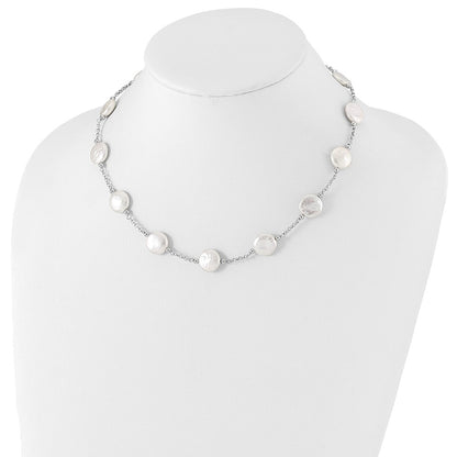 PSSN Sterling Silver Rhodium-plated 12-13mm White Coin Freshwater Cultured Pearl 13-station 18 inch Necklace