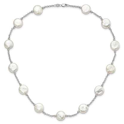 PSSN Sterling Silver Rhodium-plated 12-13mm White Coin Freshwater Cultured Pearl 13-station 18 inch Necklace