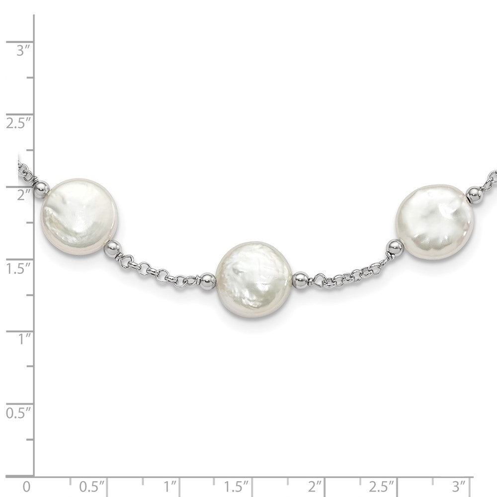 PSSN Sterling Silver Rhodium-plated 12-13mm White Coin Freshwater Cultured Pearl 13-station 18 inch Necklace
