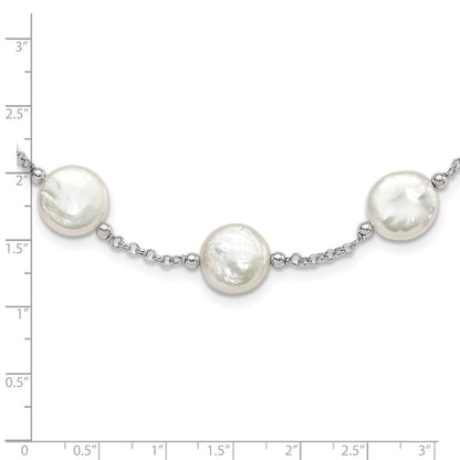 PSSN Sterling Silver Rhodium-plated 12-13mm White Coin Freshwater Cultured Pearl 13-station 18 inch Necklace