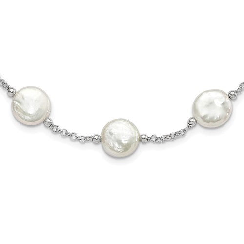 PSSN Sterling Silver Rhodium-plated 12-13mm White Coin Freshwater Cultured Pearl 13-station 18 inch Necklace