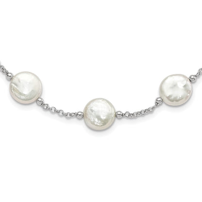 PSSN Sterling Silver Rhodium-plated 12-13mm White Coin Freshwater Cultured Pearl 13-station 18 inch Necklace