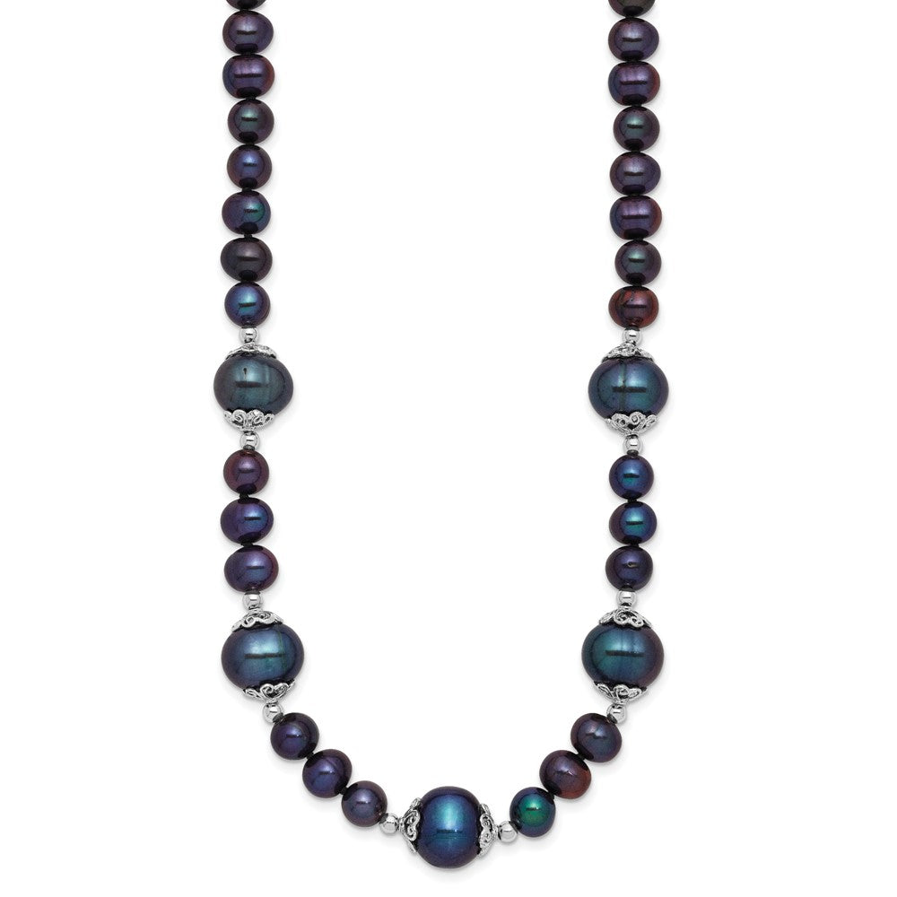 PSSN Sterling Silver Rhodium-plated 6-9mm Black Near Round Freshwater Cultured Pearl 5-station 18 inch Necklace