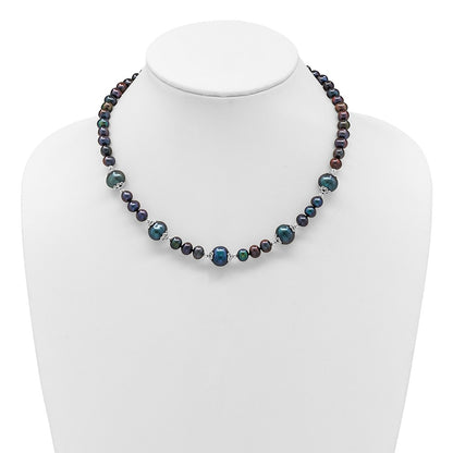 PSSN Sterling Silver Rhodium-plated 6-9mm Black Near Round Freshwater Cultured Pearl 5-station 18 inch Necklace