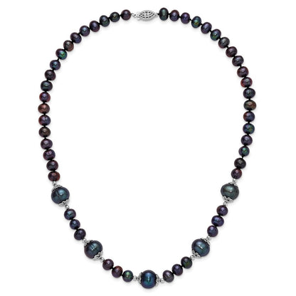 PSSN Sterling Silver Rhodium-plated 6-9mm Black Near Round Freshwater Cultured Pearl 5-station 18 inch Necklace