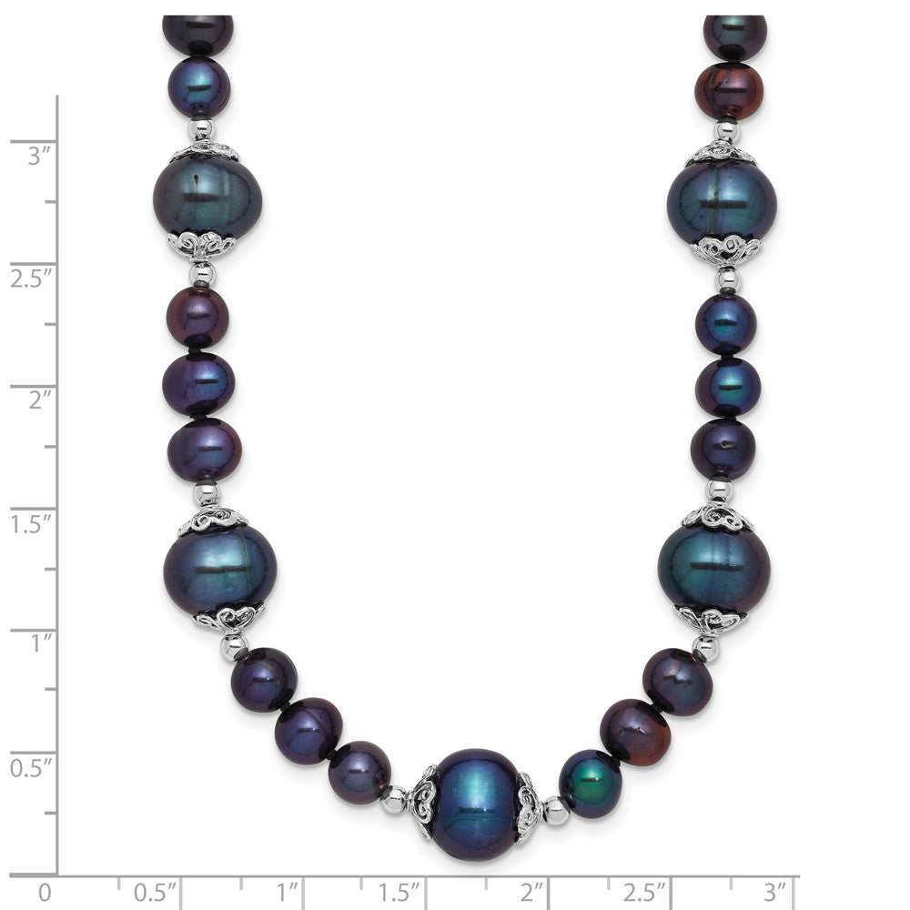 PSSN Sterling Silver Rhodium-plated 6-9mm Black Near Round Freshwater Cultured Pearl 5-station 18 inch Necklace