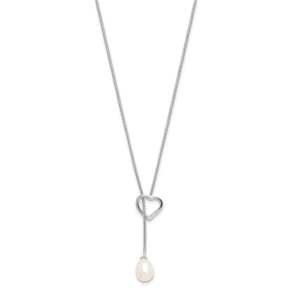 PSSN Sterling Silver Rhodium-plated 7-8mm White Teardrop Freshwater Cultured Pearl Heart 20 inch Necklace