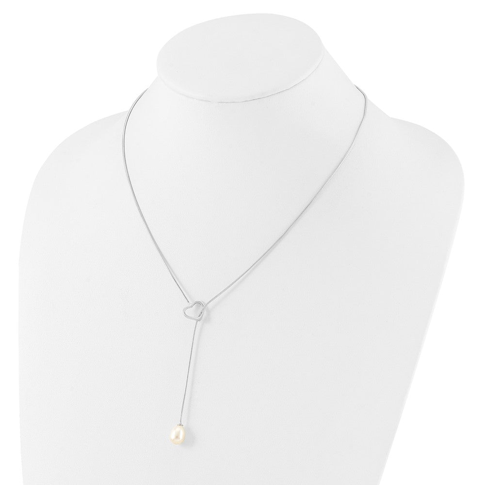 PSSN Sterling Silver Rhodium-plated 7-8mm White Teardrop Freshwater Cultured Pearl Heart 20 inch Necklace