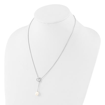 PSSN Sterling Silver Rhodium-plated 7-8mm White Teardrop Freshwater Cultured Pearl Heart 20 inch Necklace