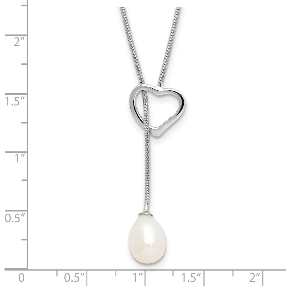 PSSN Sterling Silver Rhodium-plated 7-8mm White Teardrop Freshwater Cultured Pearl Heart 20 inch Necklace