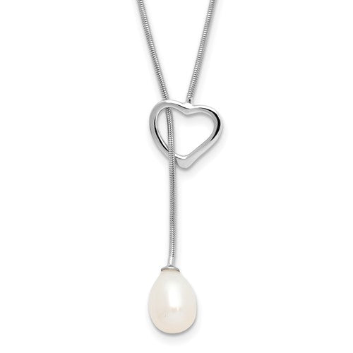 PSSN Sterling Silver Rhodium-plated 7-8mm White Teardrop Freshwater Cultured Pearl Heart 20 inch Necklace