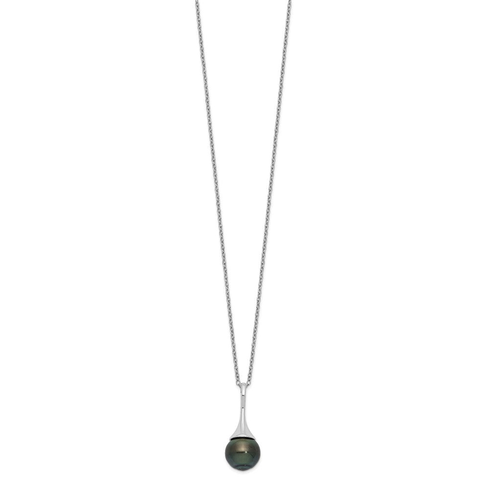 PSSN Sterling Silver Rhodium-plated 9-10mm Black Teardrop Tahitian Saltwater Cultured Pearl 17 inch Necklace