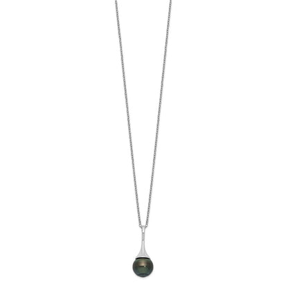 PSSN Sterling Silver Rhodium-plated 9-10mm Black Teardrop Tahitian Saltwater Cultured Pearl 17 inch Necklace