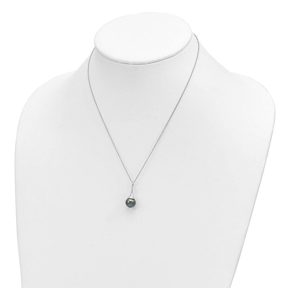 PSSN Sterling Silver Rhodium-plated 9-10mm Black Teardrop Tahitian Saltwater Cultured Pearl 17 inch Necklace