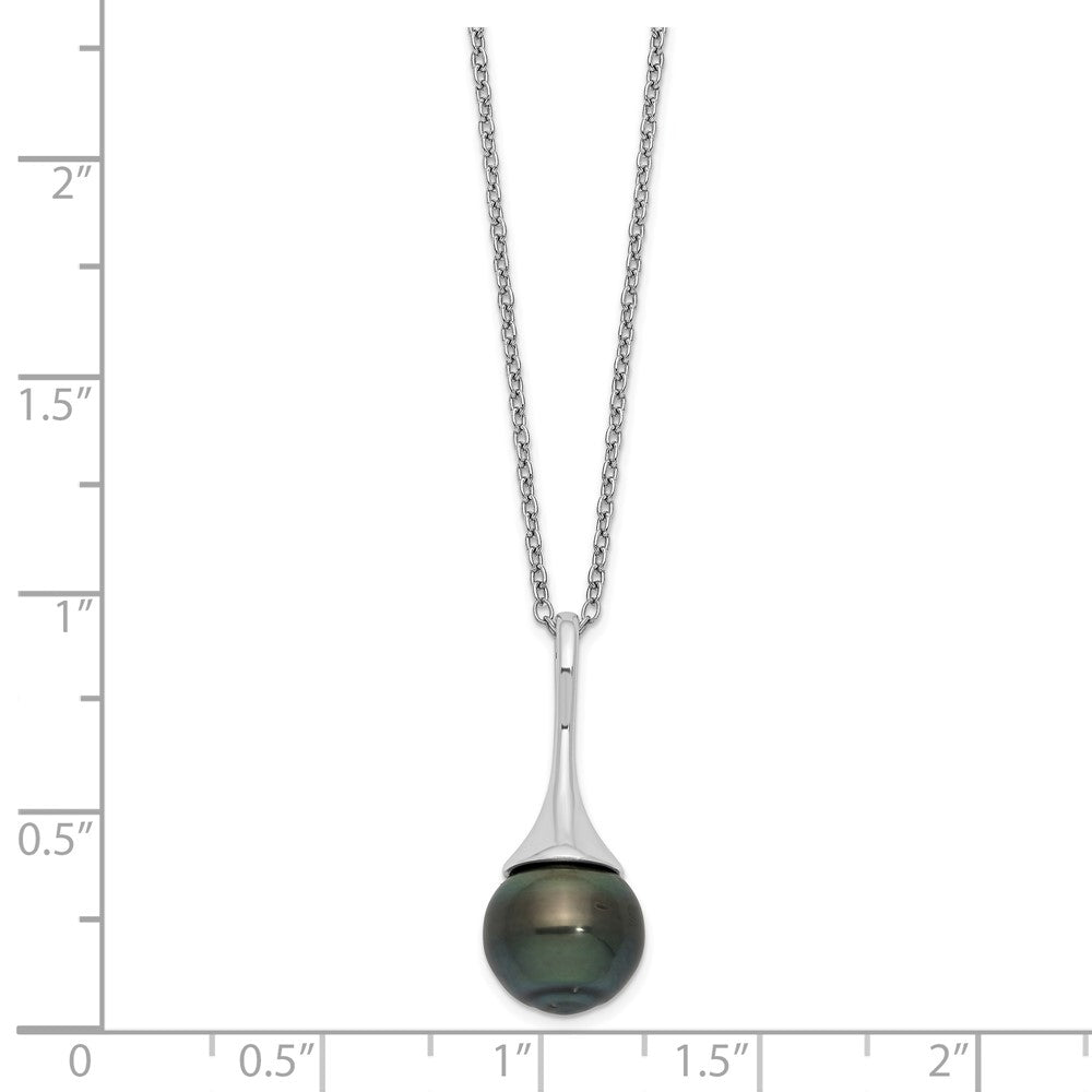 PSSN Sterling Silver Rhodium-plated 9-10mm Black Teardrop Tahitian Saltwater Cultured Pearl 17 inch Necklace