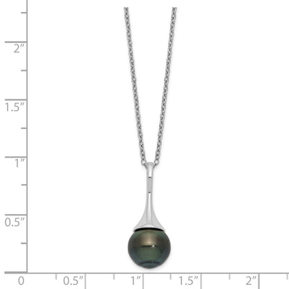 PSSN Sterling Silver Rhodium-plated 9-10mm Black Teardrop Tahitian Saltwater Cultured Pearl 17 inch Necklace