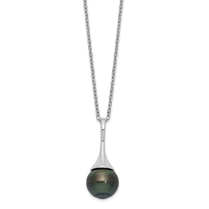 PSSN Sterling Silver Rhodium-plated 9-10mm Black Teardrop Tahitian Saltwater Cultured Pearl 17 inch Necklace