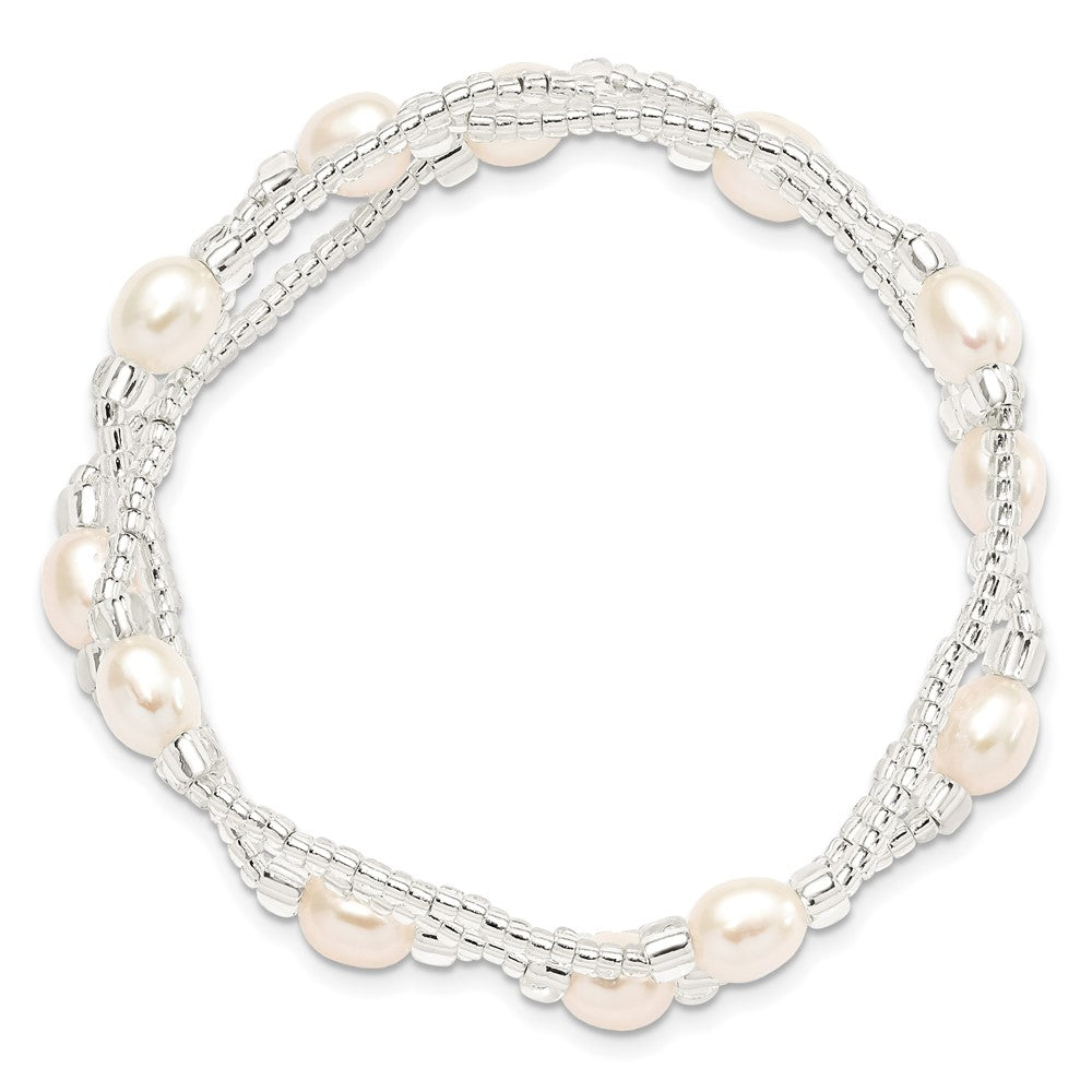 PB 6-8mm White Rice Freshwater Cultured Pearl and Glass Bead Stretch 3-Bracelet Set