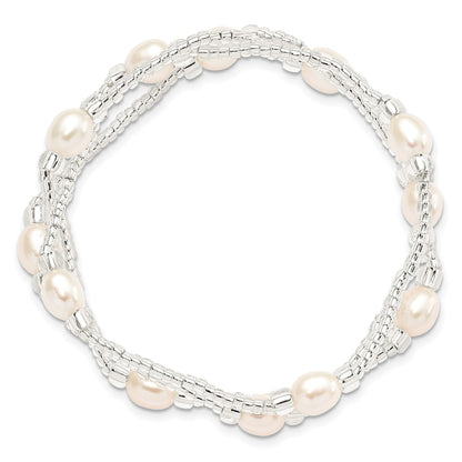 PB 6-8mm White Rice Freshwater Cultured Pearl and Glass Bead Stretch 3-Bracelet Set