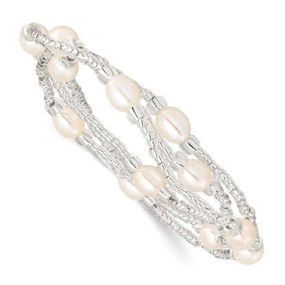 PB 6-8mm White Rice Freshwater Cultured Pearl and Glass Bead Stretch 3-Bracelet Set