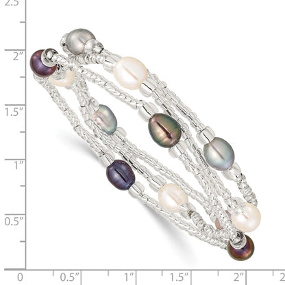 PB 6-8mm White, Black and Grey Rice Freshwater Cultured Pearl and Glass Bead Stretch 3-Bracelet Set