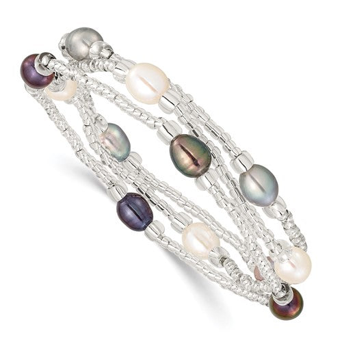 PB 6-8mm White, Black and Grey Rice Freshwater Cultured Pearl and Glass Bead Stretch 3-Bracelet Set