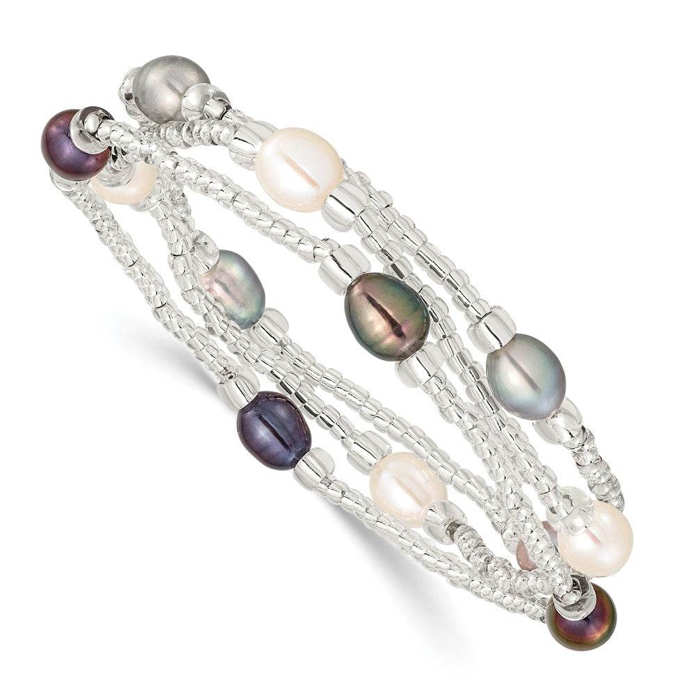 PB 6-8mm White, Black and Grey Rice Freshwater Cultured Pearl and Glass Bead Stretch 3-Bracelet Set